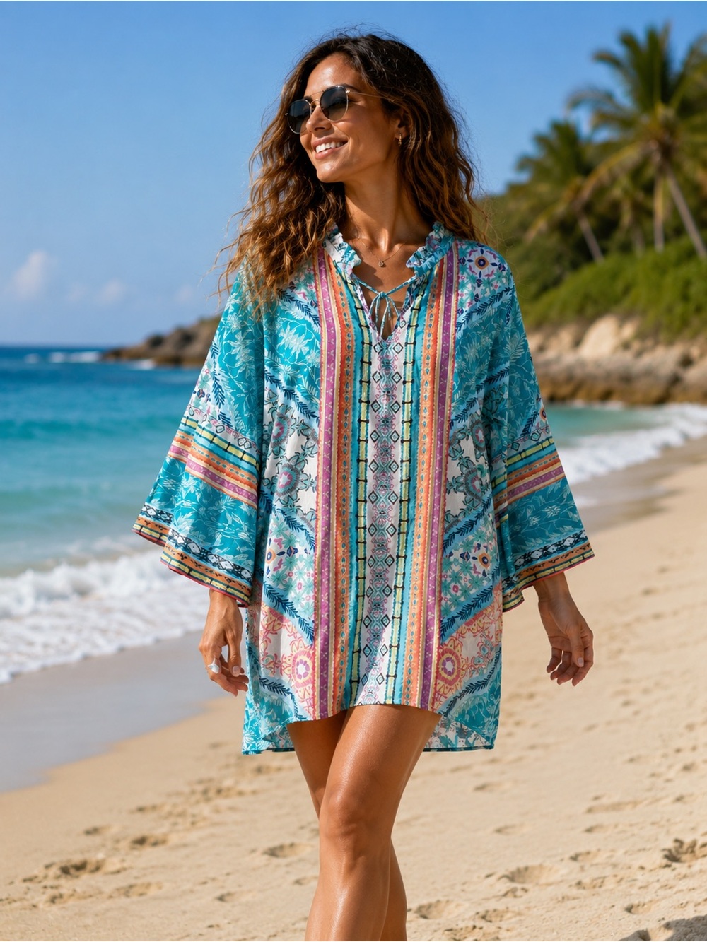 Umgee Teal & Multi-Color Floral Ruffle Tie-Neck Mini Dress - Picture 11 of 11
